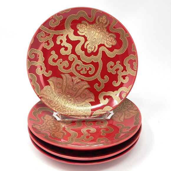 Pottery Barn Chinoise Gold Red 7” Dessert Salad Side Plates Set of 4 - Picture 1 of 4